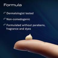 A small dollop of cream on a fingertip and text listing formula claims: dermatologist tested, non-comedogenic, and formulated without parabens, fragrance, and dyes.