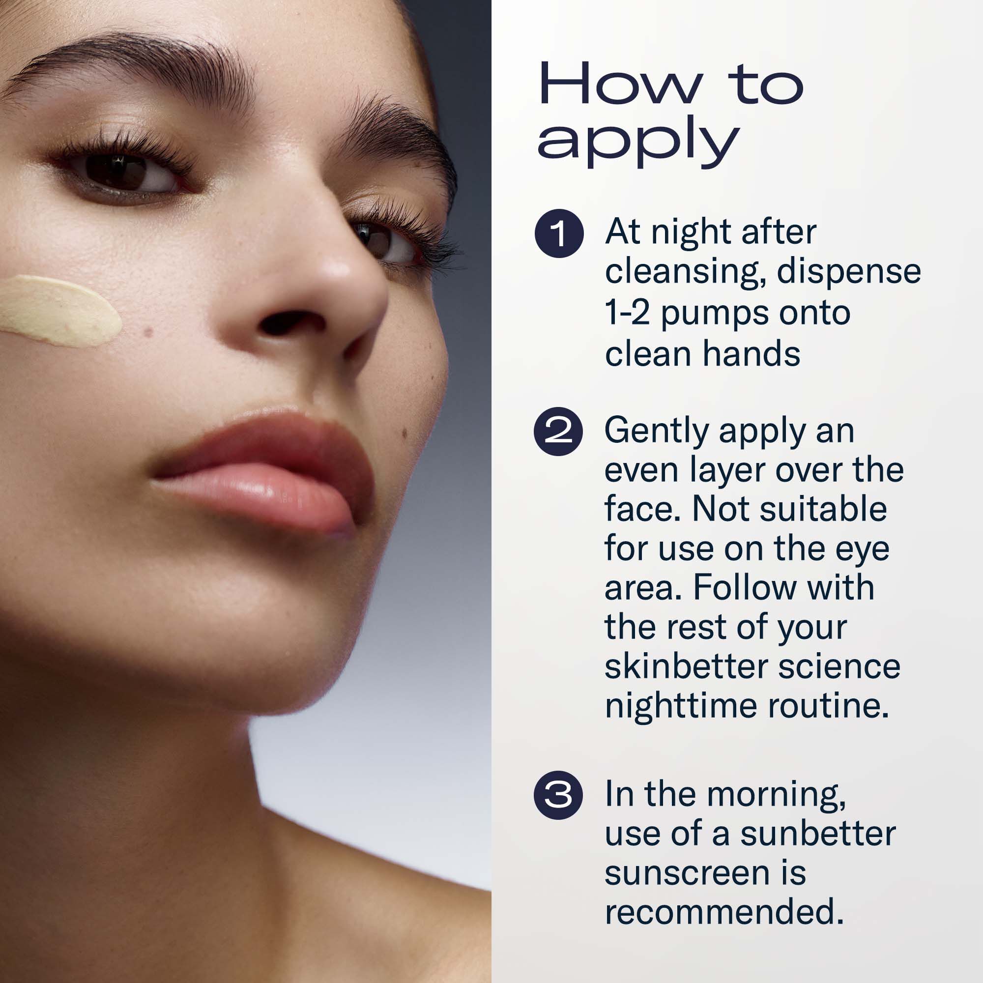 Close-up of a model’s face with a cream swatch on the cheek beside “How to apply” steps for AlphaRet Overnight Cream, including nighttime use and morning sunscreen recommendation.