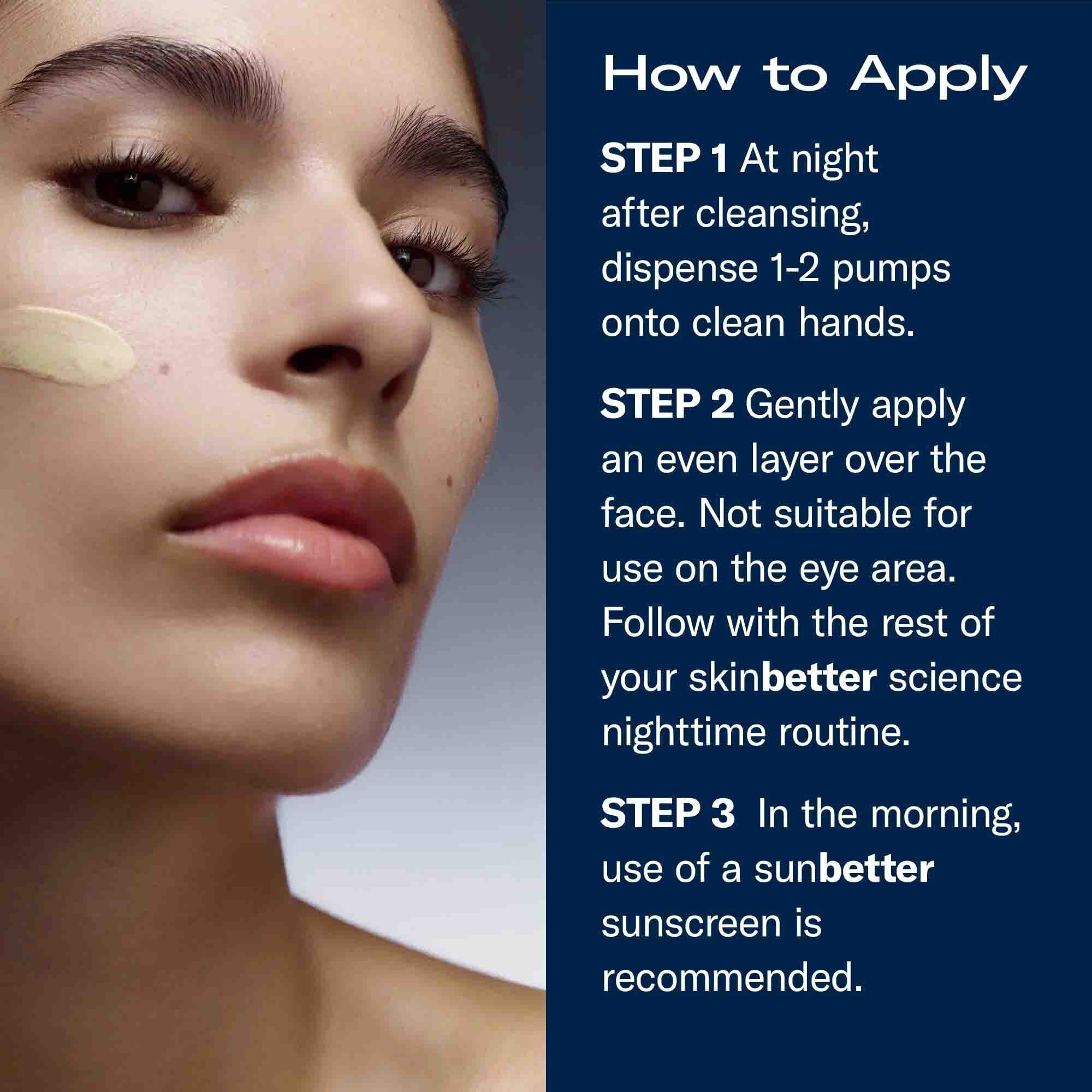 Close-up of a model’s face with a cream swatch on the cheek beside “How to apply” steps for AlphaRet Overnight Cream, including nighttime use and morning sunscreen recommendation.
