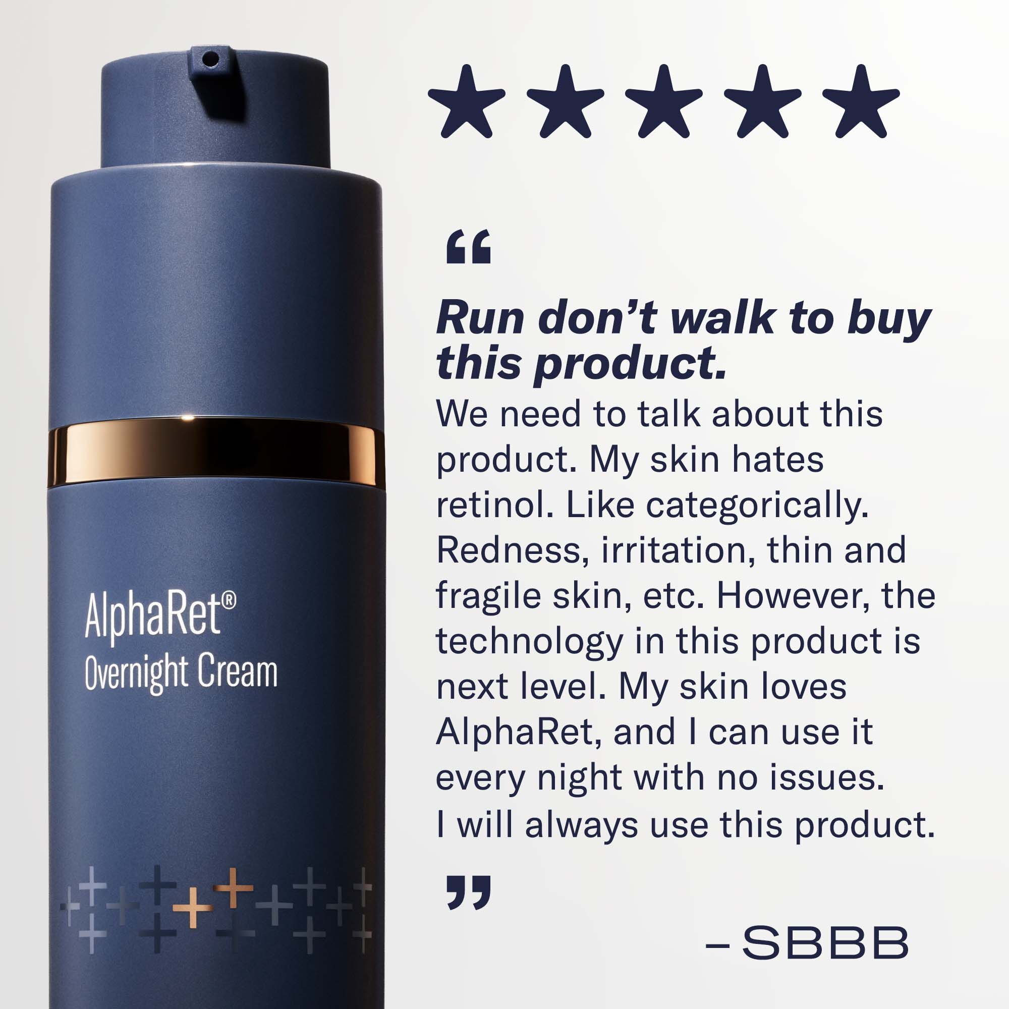 Five-star testimonial graphic showing the AlphaRet Overnight Cream bottle and a customer quote recommending the product. 