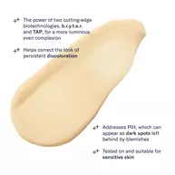 Beige texture smear with four labeled callouts that read: 'The power of two cutting-edge biotechnologies, brytaR and TAP, for a more luminous, even complexion' and 'Helps correct the look of persistent discoloration.'