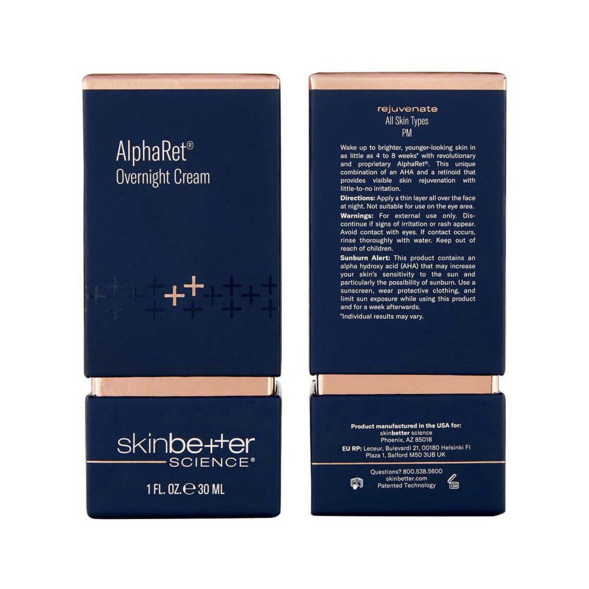 AlphaRet Overnight Cream packaging, including the front label and the back with usage directions, warnings, and manufacturer information.