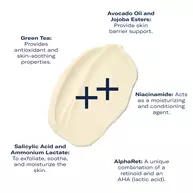 Cream texture smear with four labeled callouts that read: 'Green Tea: Provides antioxidant and pro-soothing properties', 'Niacinamide: Acts as a moisturizing and conditioning agent', 'Salicylic Acid and Ammonium Lactate