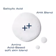 White texture smear with three labeled callouts that read: 'Salicylic Acid', 'AHA Blend', and 'Amino Acid–Based soft skin blend'