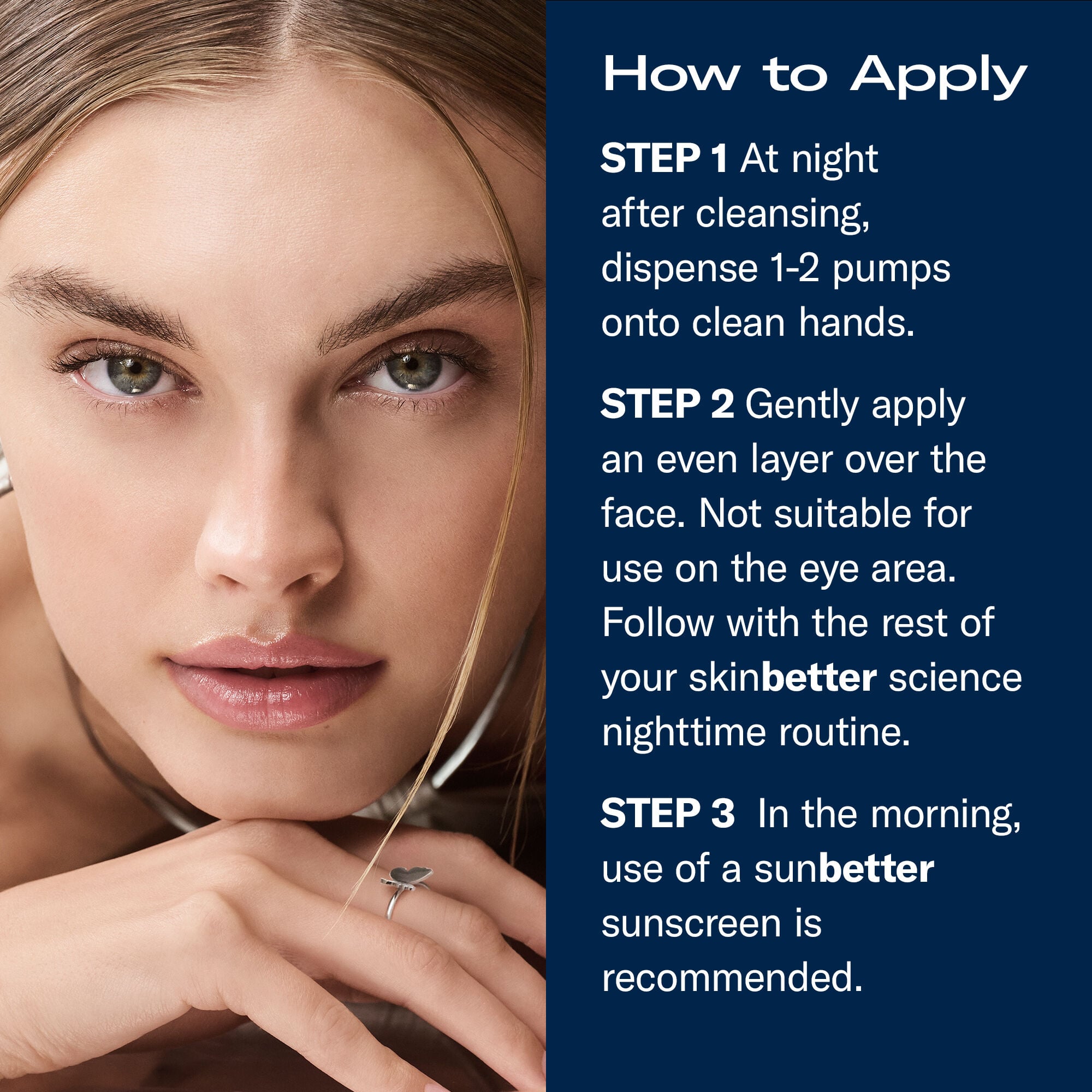 Close-up of a model’s face beside “How to apply” steps for AlphaRet Overnight Cream, including nighttime use and morning sunscreen recommendation.