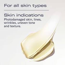 Product texture close-up featuring a glossy smear of cream with on-image text about suitability for all skin types and indications like wrinkles, uneven tone, and texture.