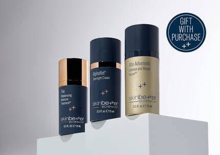 3 deluxe samples from skinbetter, sitting on a white shelf with badge stating "Gift with Purchase"