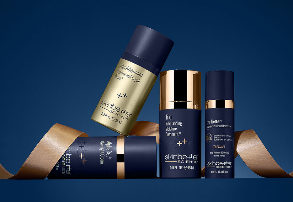  4 products with dark blue background and gold ribbon