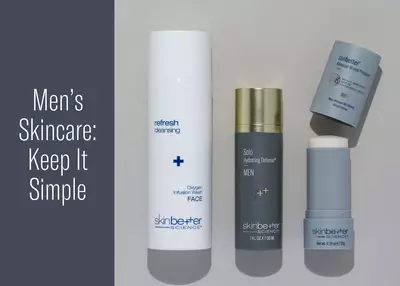 Three skinbetter science products with text that reads 'Men's Skincare: Keep it Simple'