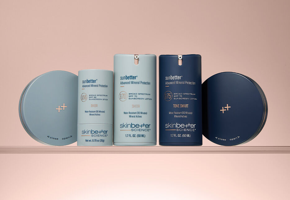 5 sunbetter products with a pink background