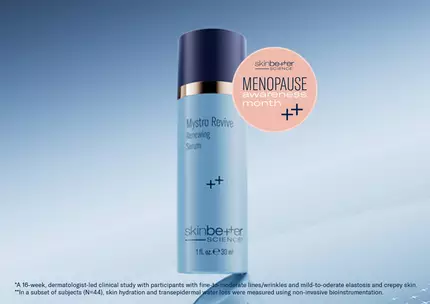 1 full sized Mystro Revive Renewing Serum with blue background. With Seal that says Menopause Awareness month.
