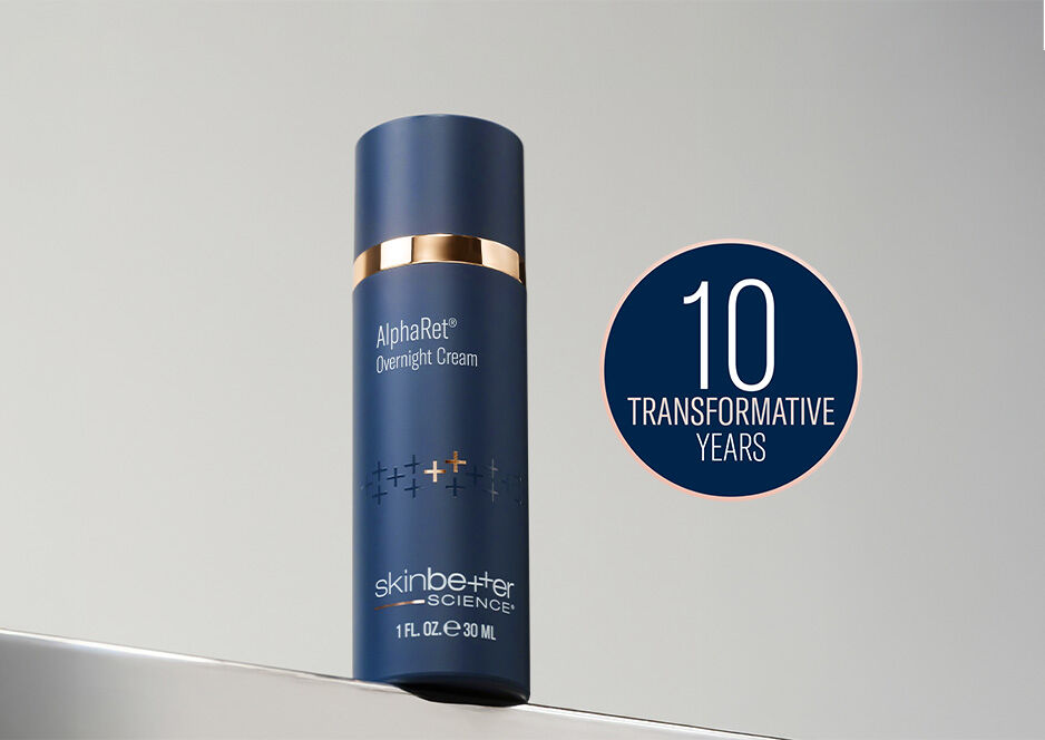 one skinbetter science product with a "10 transformative years" badge on grey background