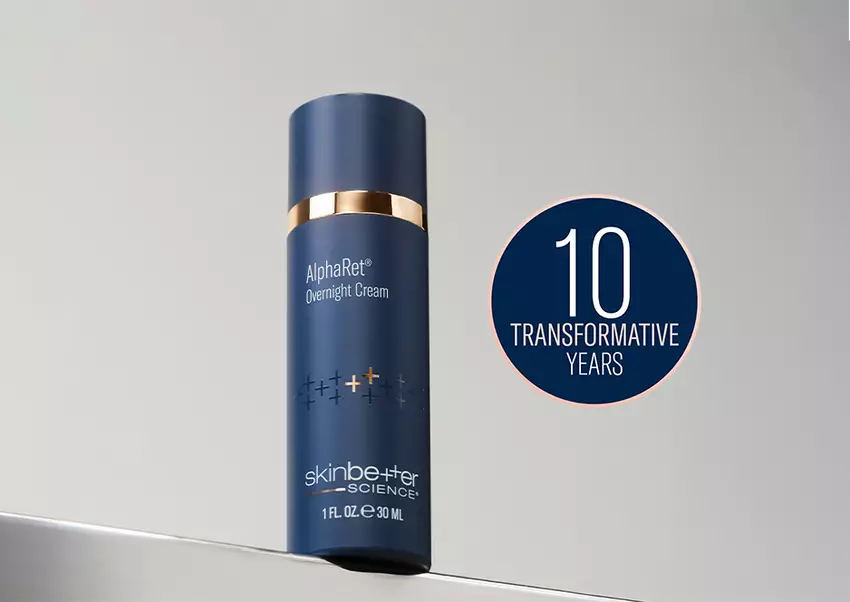 one skinbetter science product with a "10 transformative years" badge on grey background